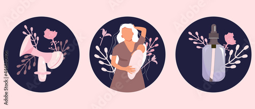 World Breastfeeding week. Lactation accessories set.Young Caucasian woman with child
Nipple cream and pumping device. Nursing products in hand drawn style.Nutrition and baby care, maternity.