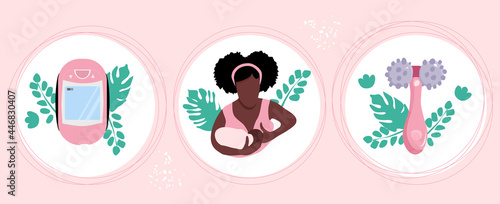 World Breastfeeding week.Lactation accessories set.Young afro American woman with child.
Massager and electronic pumping device. Nursing products in hand drawn style.Nutrition and baby care, maternity