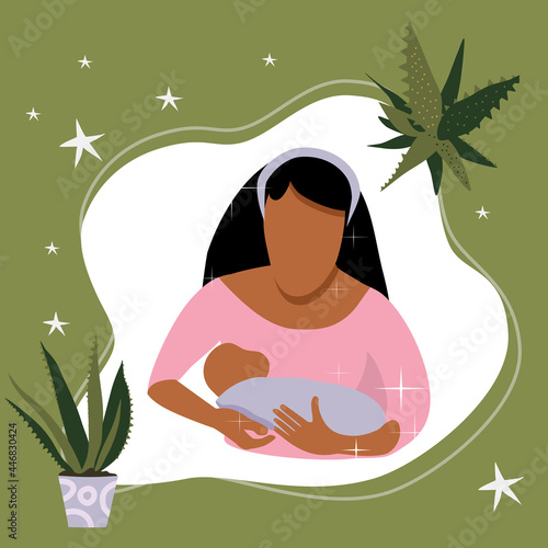 World breastfeeding week illustration.Young latin woman with child. Lactation concept.Mom holds her baby on abstract background with aloe vera.Love and maternity.Hand drawn banner.Newborn sucks milk.