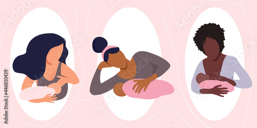 World breastfeeding week illustration.Young women different ethnicities with childs. Lactation in various positions concept.Mom holds her baby. Love and maternity.Hand drawn banner.Newborn eats milk.