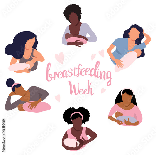 World breastfeeding week illustration.Young women different ethnicities with childs. Lactation concept in various positions.Mom holds her baby. Love and maternity.Hand drawn banner.Newborn eats milk. 