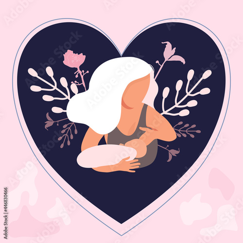 World breastfeeding week illustration.Young Caucasian woman with child. Lactation concept.Mom holds her baby on floral background.Love and maternity.Hand drawn banner.Newborn eats milk, colostrum.