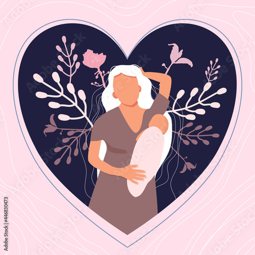 World breastfeeding week illustration.Young Caucasian woman with child. Lactation concept.Mom holds her baby on floral background.Love and maternity.Hand drawn banner.Newborn eats milk, colostrum.
