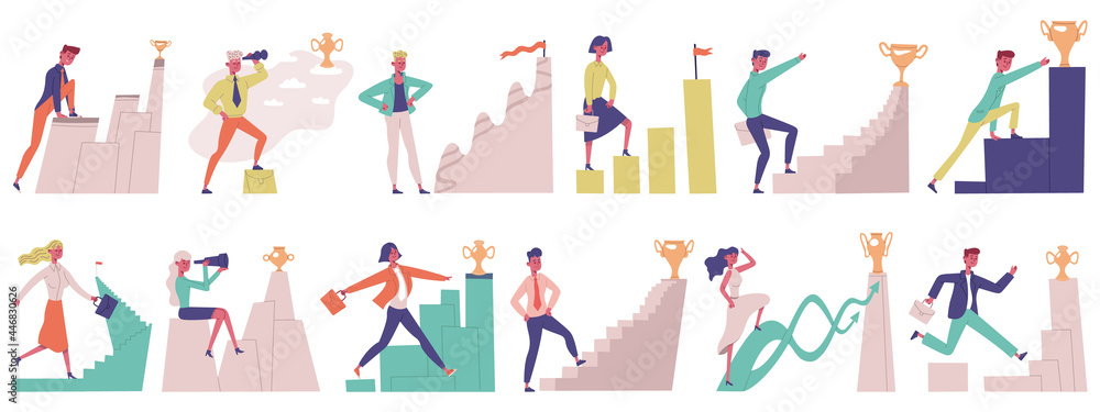 Business people goal movement. Goal achieve male and female successful professional characters vector illustration set. Career goal achievements