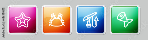 Set line Starfish, Crab, Fishing harpoon and tail. Colorful square button. Vector