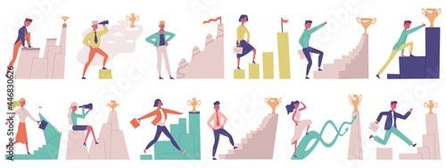 Business people goal movement. Goal achieve male and female successful professional characters vector illustration set. Career goal achievements