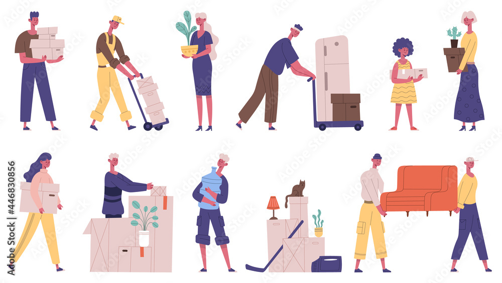 Moving out people. Family moving new house, characters carrying boxes and furniture, cargo delivery service vector illustration set. House moving day