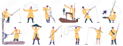 Fishing people. Outdoor fishing sport, hobby recreation, boat or shore fishing fisherman characters vector illustration set. Cartoon fishing fishermen mascots