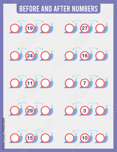 Fill in the missing numbers. Before and after. Range of numbers from 0 to 50. Mathematics. Worksheets for children. School. Vector illustration.