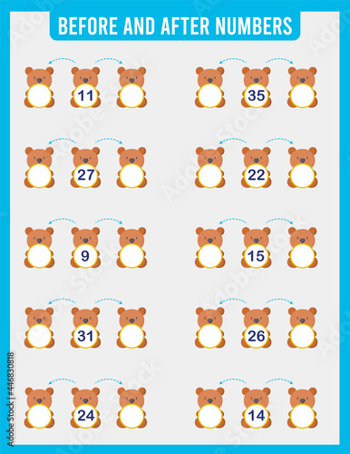 Fill in the missing numbers. Before and after. Range of numbers from 0 to 50. Mathematics. Worksheets for children. School. Vector illustration.