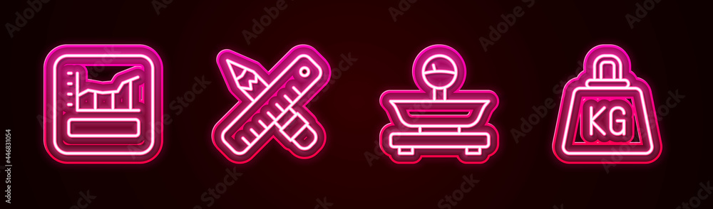 Set line Graph, schedule, chart, diagram, Crossed ruler and pencil, Scales and Weight. Glowing neon icon. Vector Set line Graph, schedule, chart, diagram, Crossed ruler and pencil, Scales and Weight. Glowing neon icon. Vector