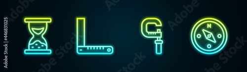 Set line Old hourglass with sand, Corner ruler, Micrometer and Compass. Glowing neon icon. Vector