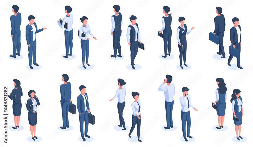 Isometric office people. Male and female 3D business characters, office workers wearing business suits vector illustration set. Business isometric people - obrazy, fototapety, plakaty 