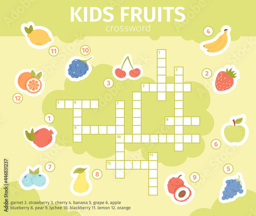 Summer fruits crossword. Educational crossword kids game with lemon, apple, grape and orange fruits vector illustration. Fruits crossword puzzle for kids