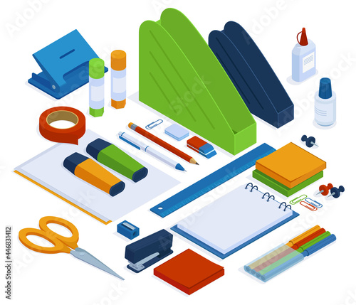 Office supplies. Isometric stationery tools, stapler, ruler, scissors and duct tape, 3d school or office stationery vector illustration set. Isometric office tools
