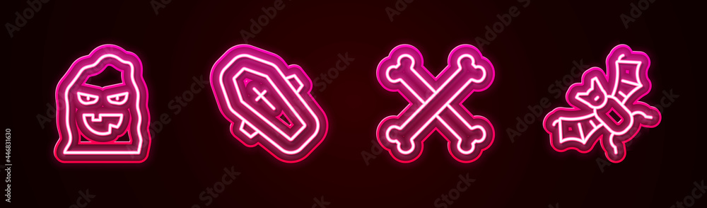 Set line Funny and scary ghost mask, Coffin with cross, Crossed bones and Flying bat. Glowing neon icon. Vector Set line Funny and scary ghost mask, Coffin with cross, Crossed bones and Flying bat. Glowing neon icon. Vector
