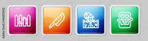 Set line Garden fence wooden, Knife, Castle, fortress and Chocolate bar. Colorful square button. Vector