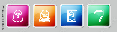 Set line Ghost, Tombstone with RIP written, Guillotine and Scythe. Colorful square button. Vector