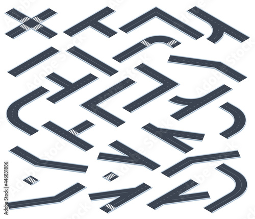 Isometric roads. Highway or city street road map elements, 3d road intersections and turns with markings vector illustration set. Asphalt road sections