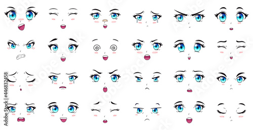 Cartoon anime characters eyes, eyebrows and mouth expressions. Manga female characters faces vector illustration set. Anime manga girls expressions