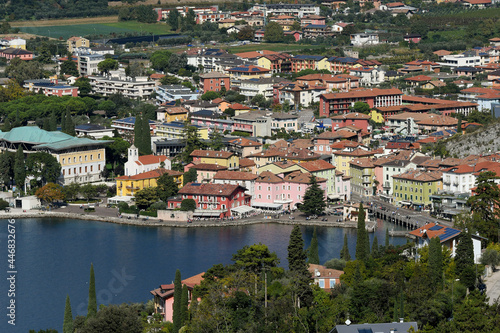 Torbole, a beautiful Italian town at Lago di Garda. Top view to the old town center. Trentino, Italy.