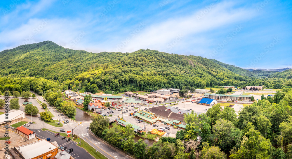 Aerial view of Cherokee, North Carolina. Cherokee is the capital of the federally recognized Eastern Band of Cherokee Nation and part of the traditional homelands of the Cherokee people.