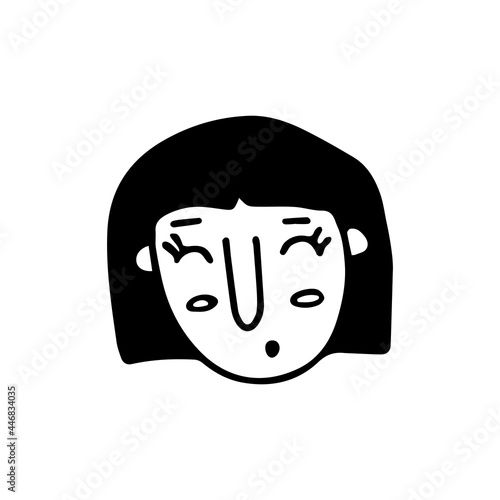 Doodle girl face. Black and white vector isolated illustration single logo. Surprised happy girl with a bob haircut. Student or teenager