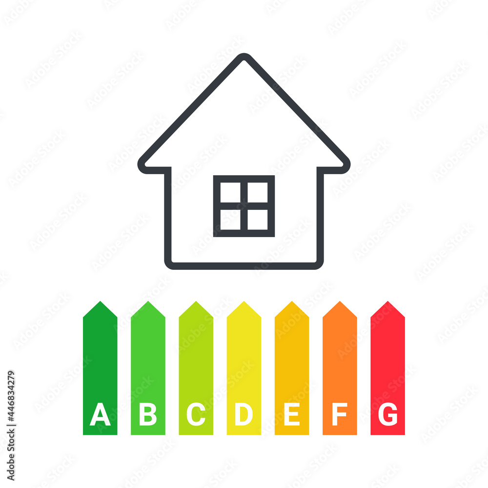 Fototapeta premium Energy efficiency. Energy efficient house with classification graph. Green house symbol with energy rating. Vector illustration