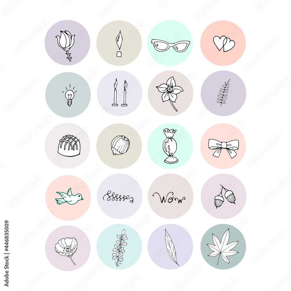 20 Instagram Highlight Icons. Set of icons for social networks. Doodle set. 