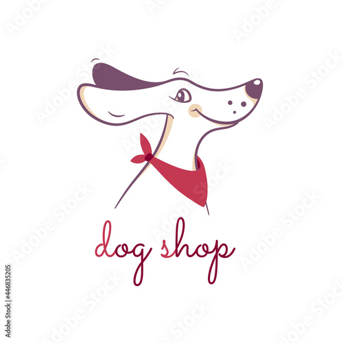 Smiling dog in bandana logo. Cartoon mascot for pet shop, veterinary or cynologist