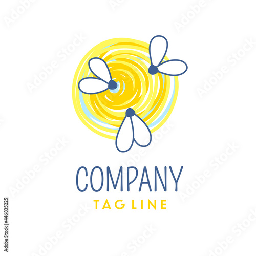 Firefly insects logo. Bugs on the sun. Editable stroke