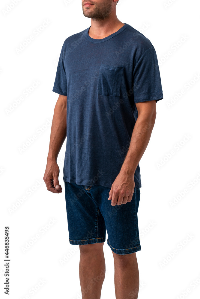 a man in a blue t-shirt, dressed in denim short shorts, isolated on a white background, men's t-shirt copy spac a man in a blue t-shirt, dressed in denim short shorts, isolated on a white background, men's t-shirt copy spac