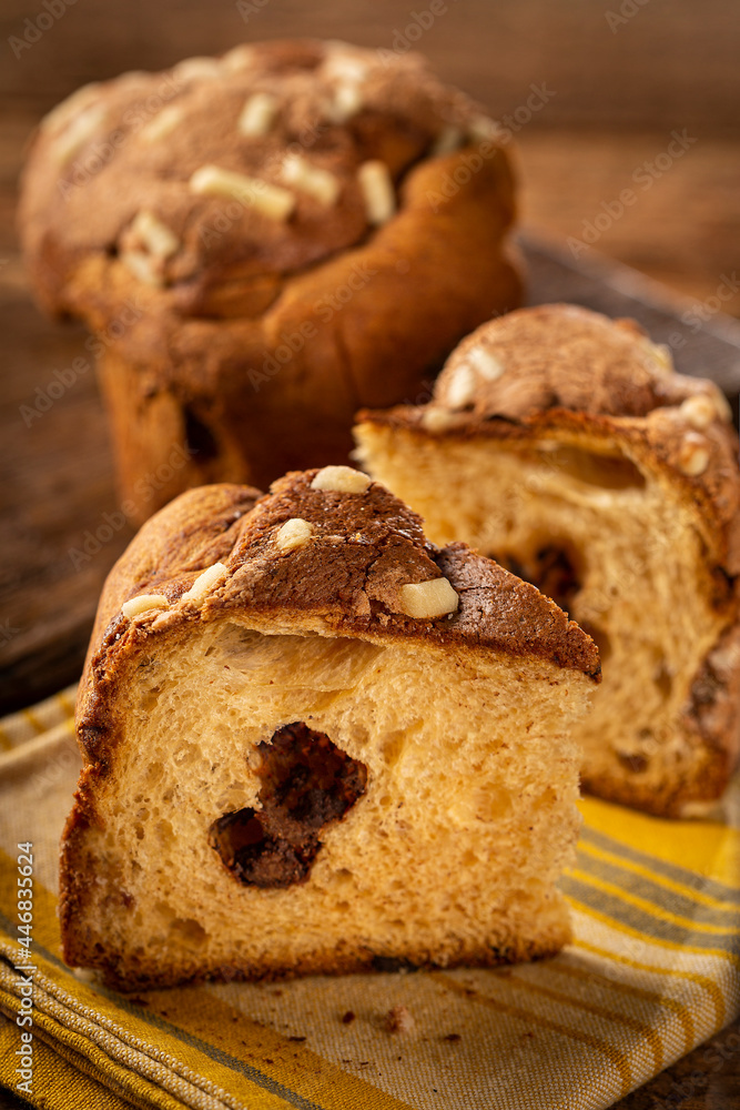 Fototapeta premium Delicious Panettone with chocolate. Panettone, Christmas food.