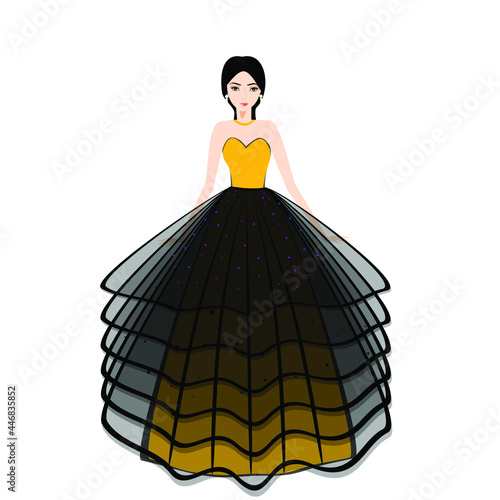 Woman on yellow and black dress. Party dress. Prom dress