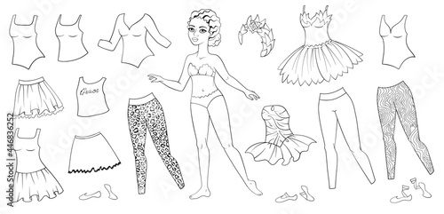 African paper doll with ballet clothing set.  Black and white. Colored page background photo