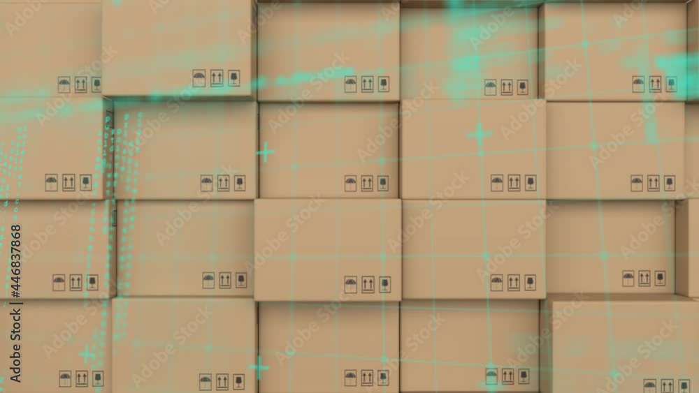Animation of data processing over stack of cardboard boxes Animation of data processing over stack of cardboard boxes