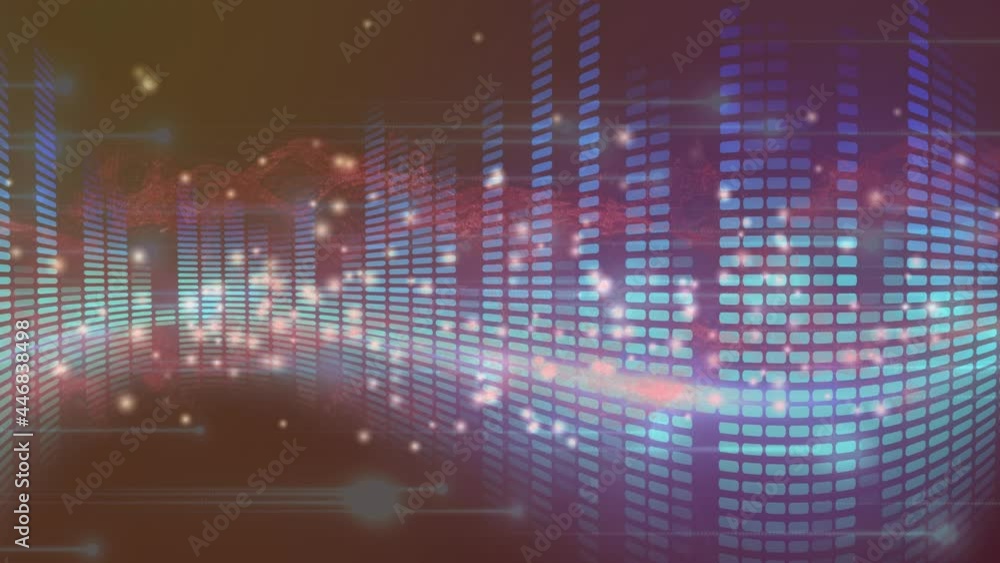 Animation of red vapour moving over glowing white spots and stacked blue rectangle lights Animation of red vapour moving over glowing white spots and stacked blue rectangle lights