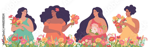 Beautiful women with flowers cartoon vector illustration. Natural beauty and body positive 