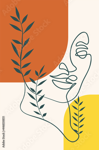 Abstract female face with floral line art