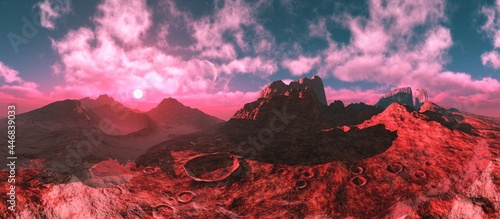 Fototapeta Naklejka Na Ścianę i Meble -  Alien landscape, martian landscape, glow on Mars, surface of another planet,, 3d rendering