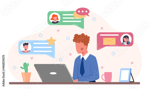Communication via the Internet concept. Man is sitting at laptop and communicating with friends on social networks. New message. Cartoon modern flat vector illustration isolated on a white background
