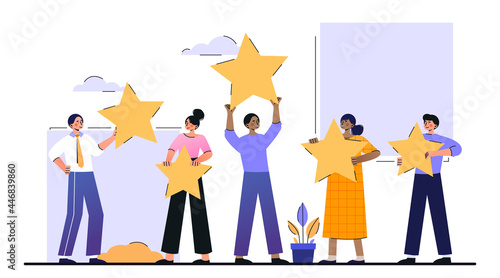 Customer reviews rating concept. People evaluate goods and services. Customer write reviews and give feedback. Support for business satisfaction. Cartoon flat vector illustration on a white background