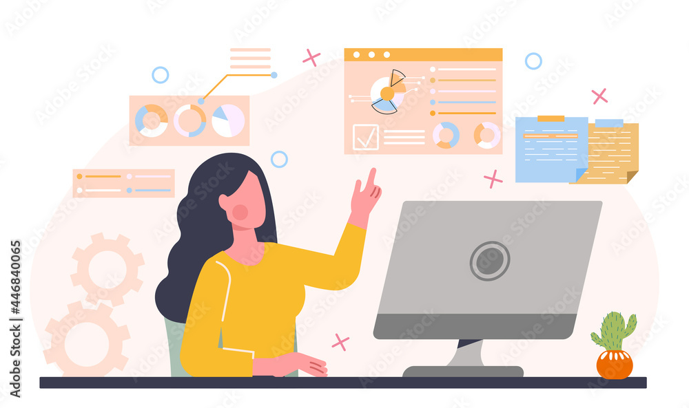 Data analysis concept. Woman sitting at a laptop and studying statistical data in the form of tables, graphs and diagrams. Data science. Cartoon flat vector illustration isolated on a white background