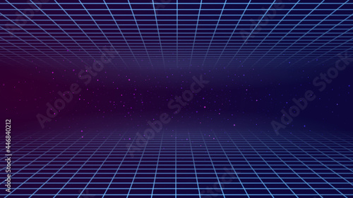 Vector abstract background. Retro horizon, mesh in neon glow. Particles scattering from the center.