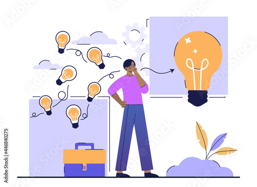 Gather ideas concept. Businessman with a portfolio collects several small ideas into one big one. Problem and the search for solutions. Cartoon flat vector illustration isolated on a white background