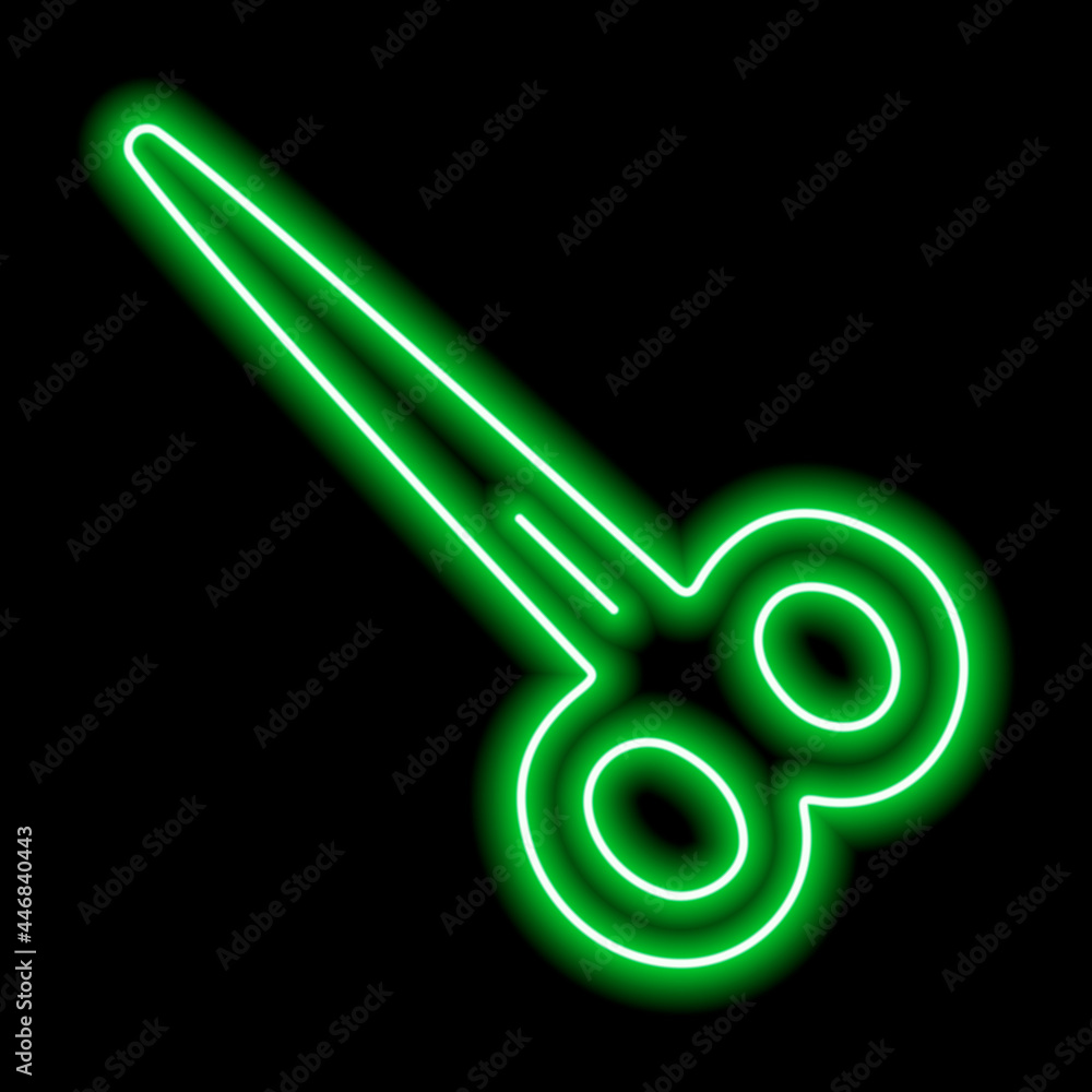 Green neon contour scissors on a black background. Green neon contour scissors on a black background.