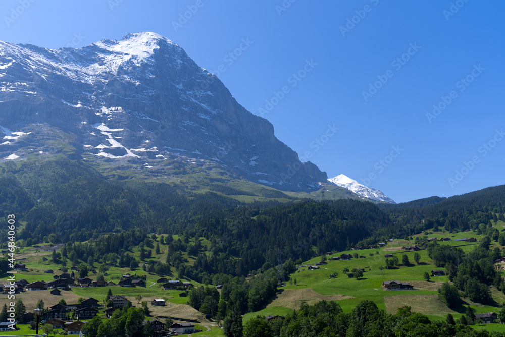 Mount Eiger on a sunny summer day seen from cable car station Grindelwald Terminal. Photo taken July 20th, 2021, Grindelwald, Switzerland.