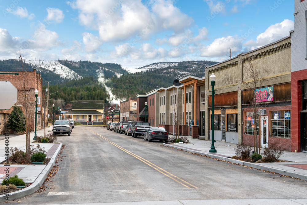 0: The main street of historic Priest River, Idaho, in the Northwest of the United States at winter.