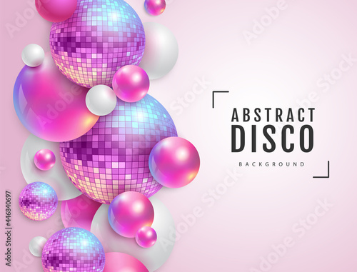 3D abstract background with holographic pink spheres and disco ball spheres. Disco ball background. Disco party poster. Vector illustration
