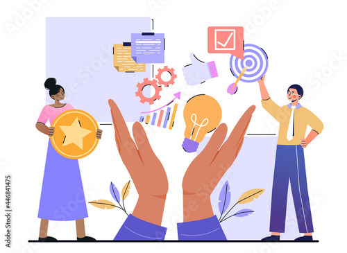 Skills set concept. Level of education and competence of a person to perform a certain job. Large hands with skill icons. Cartoon modern flat vector illustration isolated on a white background